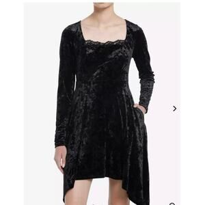 Cosmic Aura Black Velvet Asymmetrical Lace Trim Mini Dress 14/16 (1) Whimsigoth